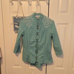 Quacker Factory Turquoise Lace-Collar Frog-Front Jacket